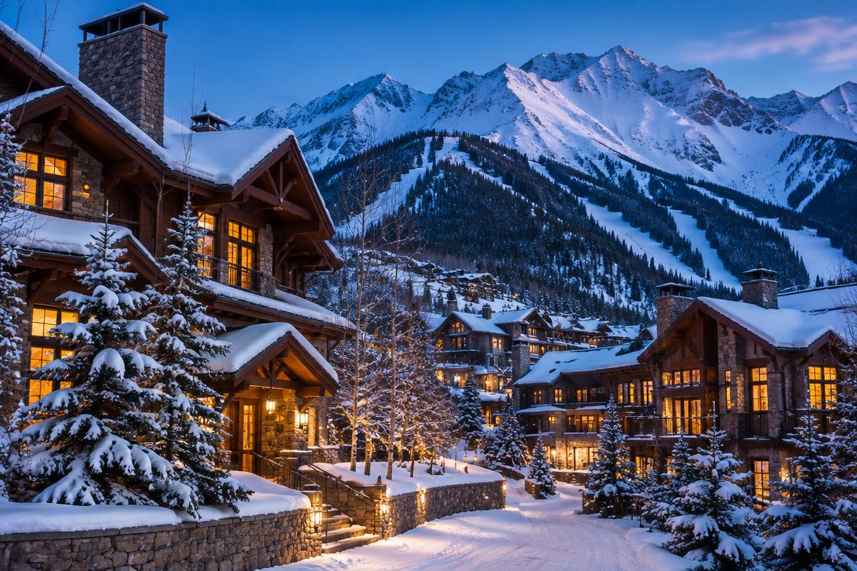 Snow-covered alpine village at blue hour