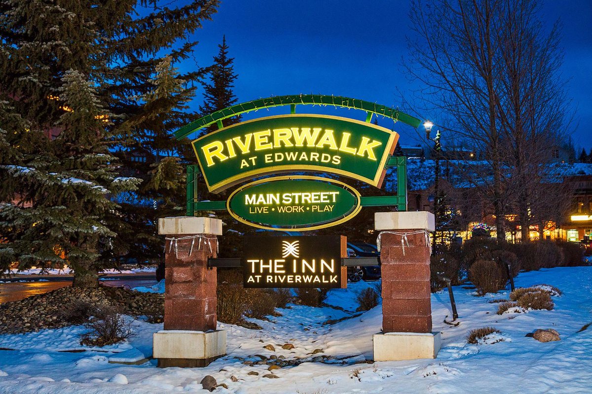 Mountain riverwalk with restaurants and shops